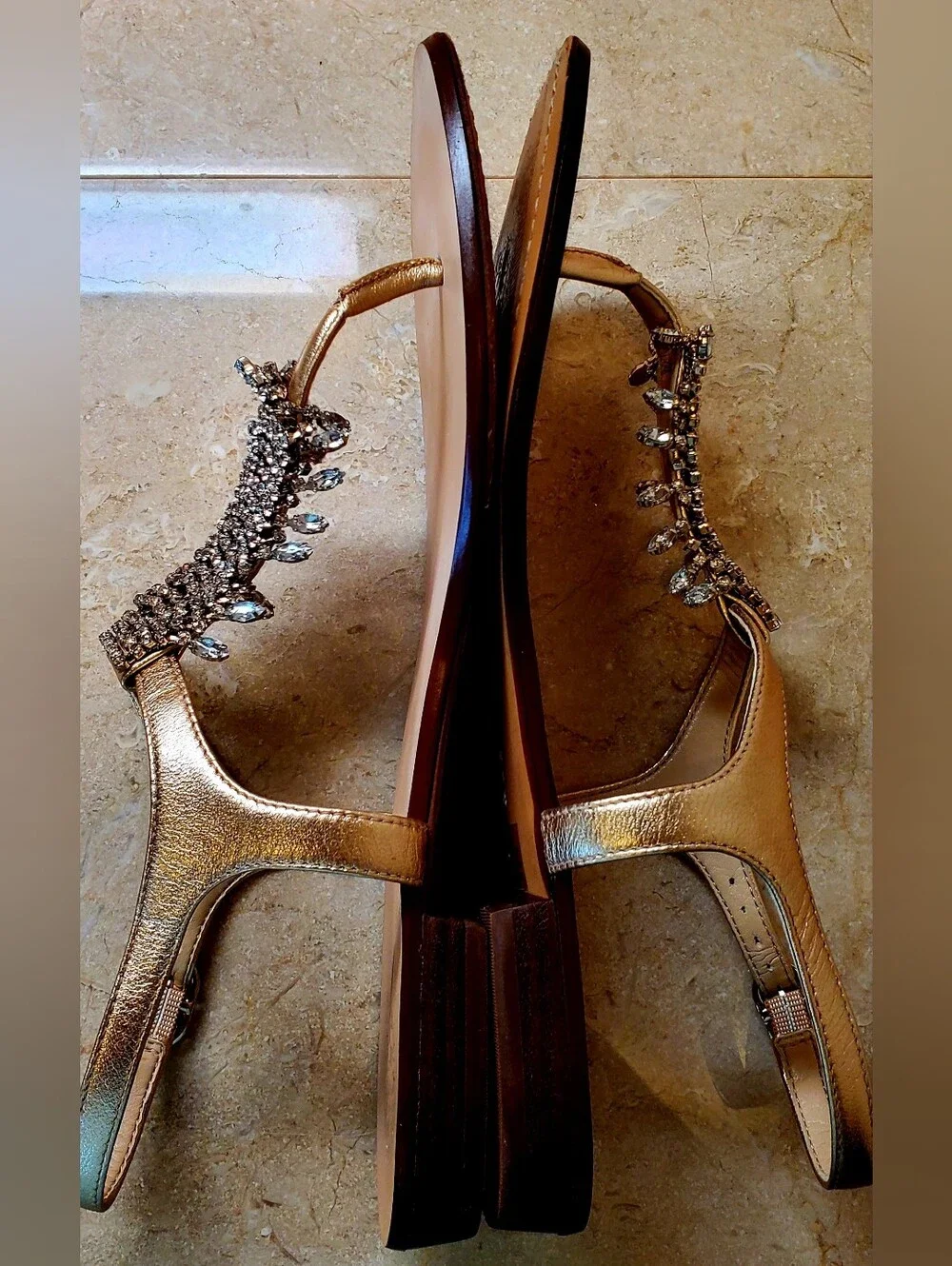 T-strap Flat Women's Sandals Size 10 Gold Leather with Crystal Embellishments